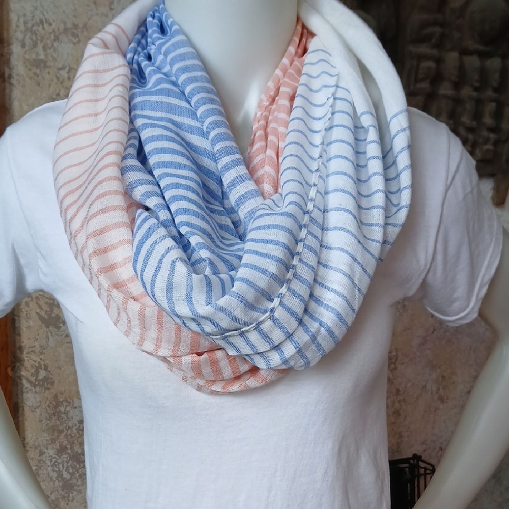 Scarf...striped Infinity Scarf in Blue & Peach and White